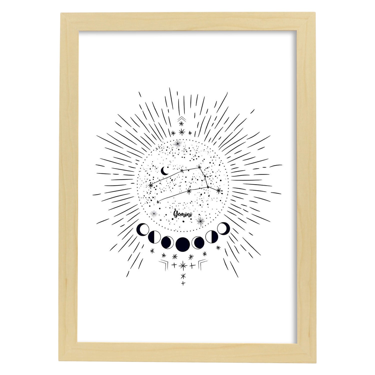 Lamina con la constelación Geminis. Poster con símbolo del zodiaco en y fondo blanco-Artwork-Nacnic-A3-Marco Madera clara-Nacnic Estudio SL