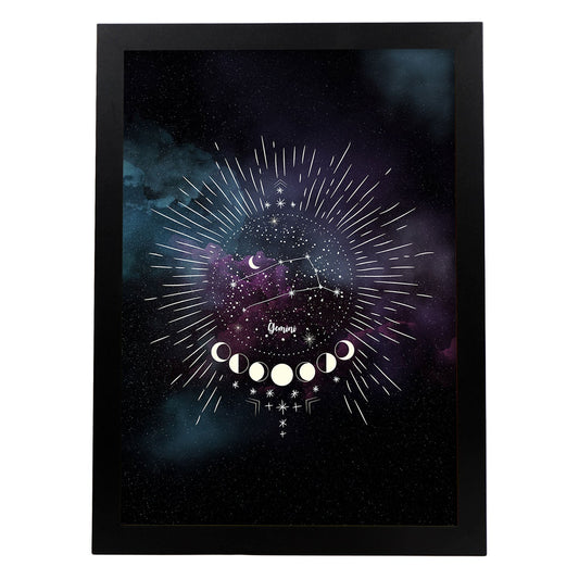 Lamina con la constelación Geminis. Poster con símbolo del Zodiaco en y Fondo del Cielo Estrellado-Artwork-Nacnic-A4-Marco Negro-Nacnic Estudio SL