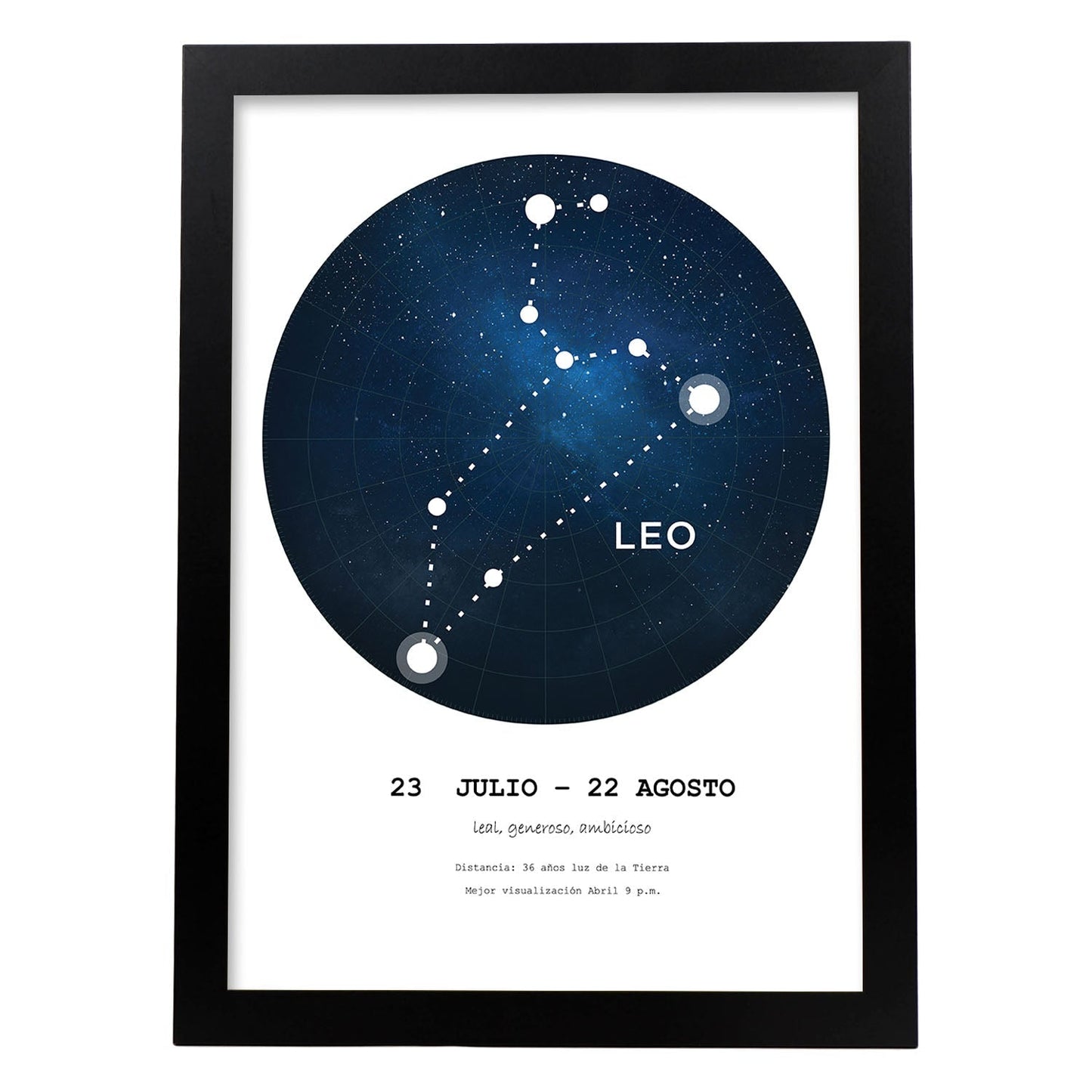Lamina con la constelación Leo. Poster con símbolo del zodiaco en y fondo blanco-Artwork-Nacnic-A4-Marco Negro-Nacnic Estudio SL
