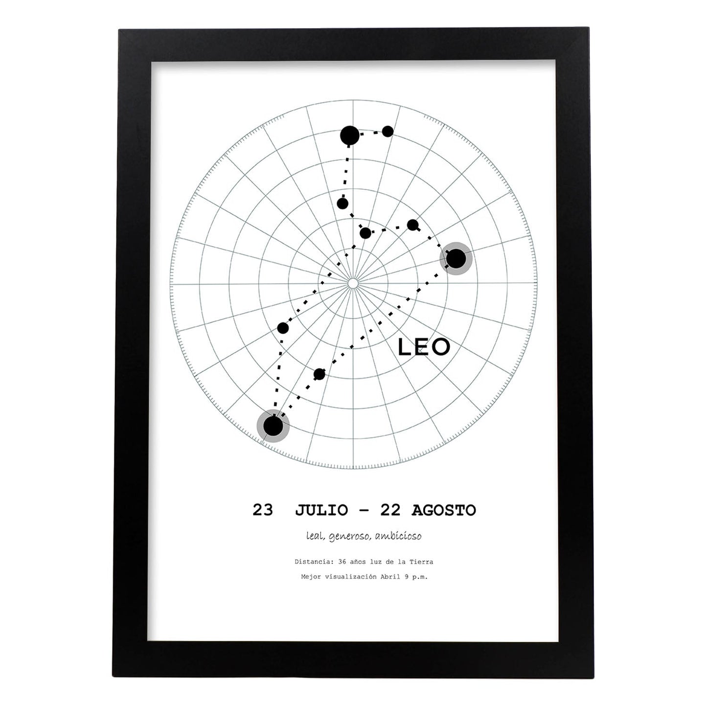 Lamina con la constelación Leo. Poster con símbolo del zodiaco en y fondo del cielo estrellado-Artwork-Nacnic-A4-Marco Negro-Nacnic Estudio SL