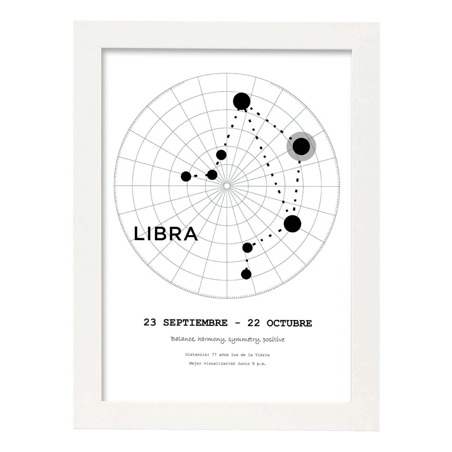 Lamina con la constelación Libra. Poster con símbolo del zodiaco en y fondo del cielo estrellado-Artwork-Nacnic-A4-Marco Blanco-Nacnic Estudio SL