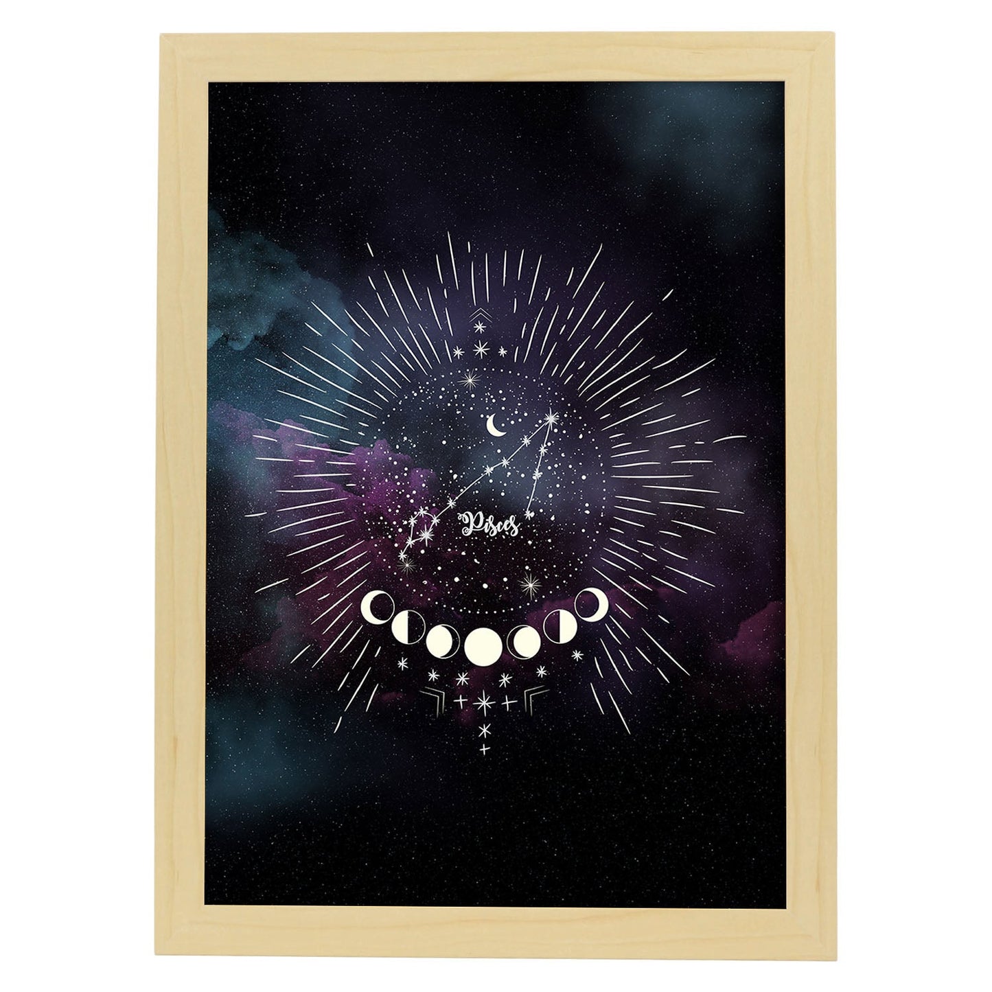 Lamina con la constelación Piscis. Poster con símbolo del Zodiaco en y Fondo del Cielo Estrellado-Artwork-Nacnic-A3-Marco Madera clara-Nacnic Estudio SL