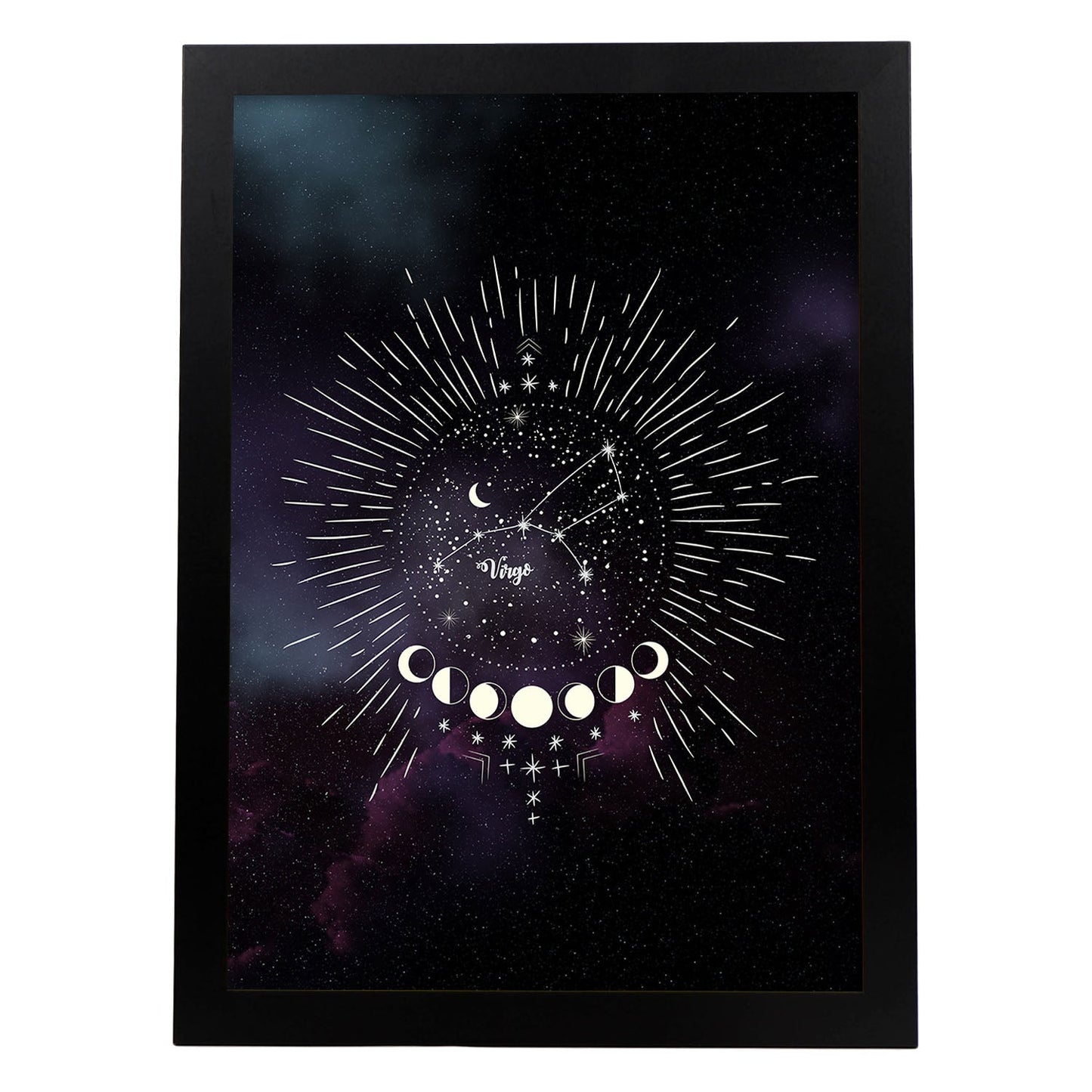 Lamina con la constelación Virgo. Poster con símbolo del Zodiaco en y Fondo del Cielo Estrellado-Artwork-Nacnic-A4-Marco Negro-Nacnic Estudio SL