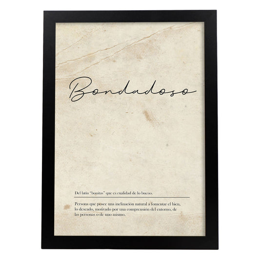 Lámina con la definición de la palabra Bondadoso en con Fondo Vintage-Artwork-Nacnic-A4-Marco Negro-Nacnic Estudio SL