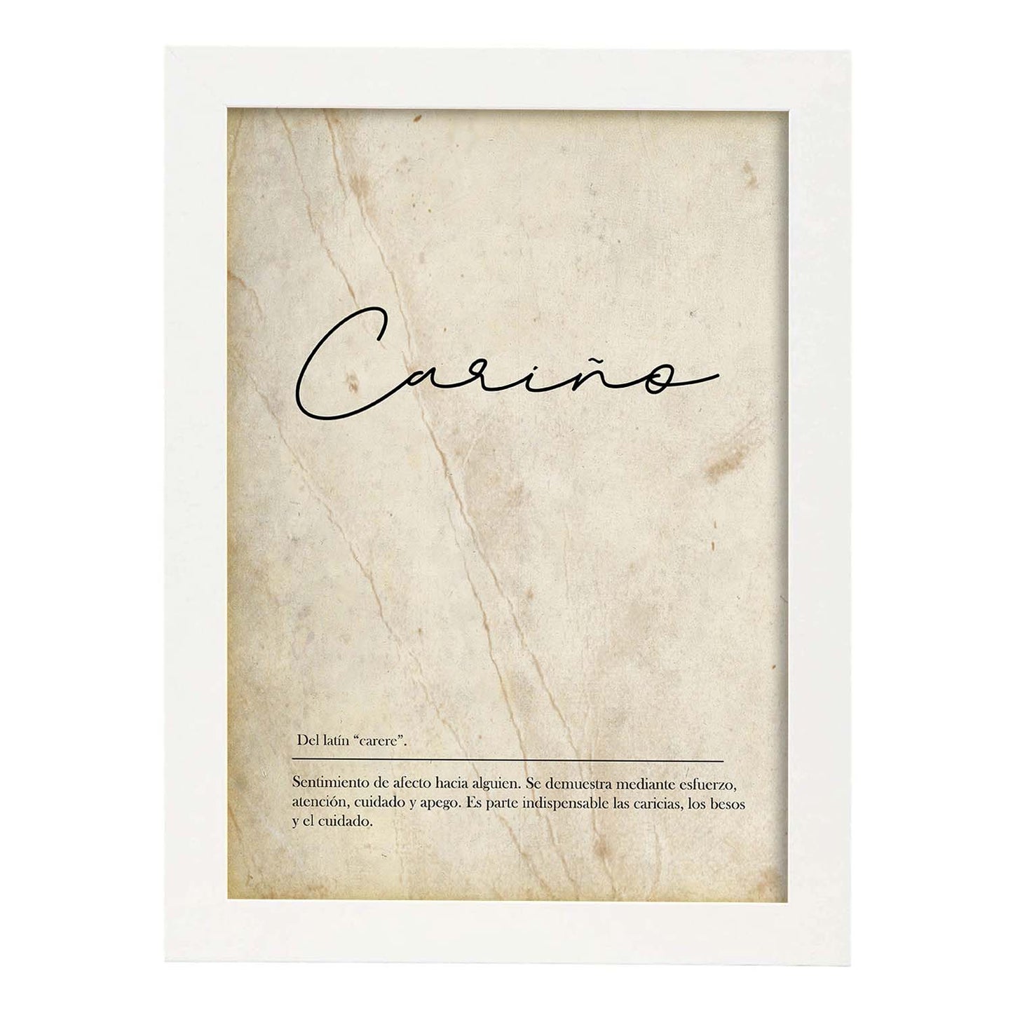 Lámina con la definición de la palabra Cariño en con Fondo Vintage-Artwork-Nacnic-A4-Marco Blanco-Nacnic Estudio SL