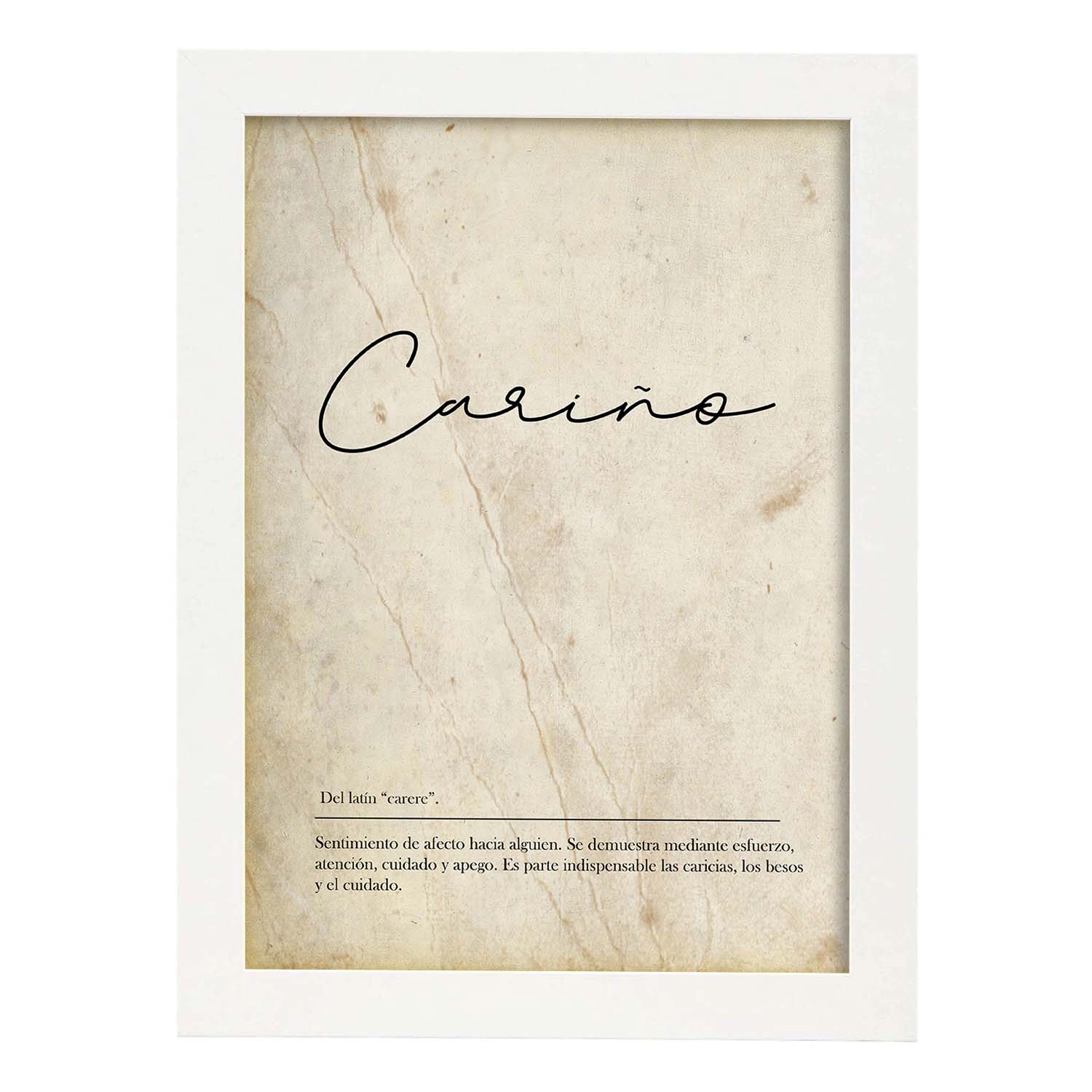 Lámina con la definición de la palabra Cariño en con Fondo Vintage-Artwork-Nacnic-A4-Marco Blanco-Nacnic Estudio SL