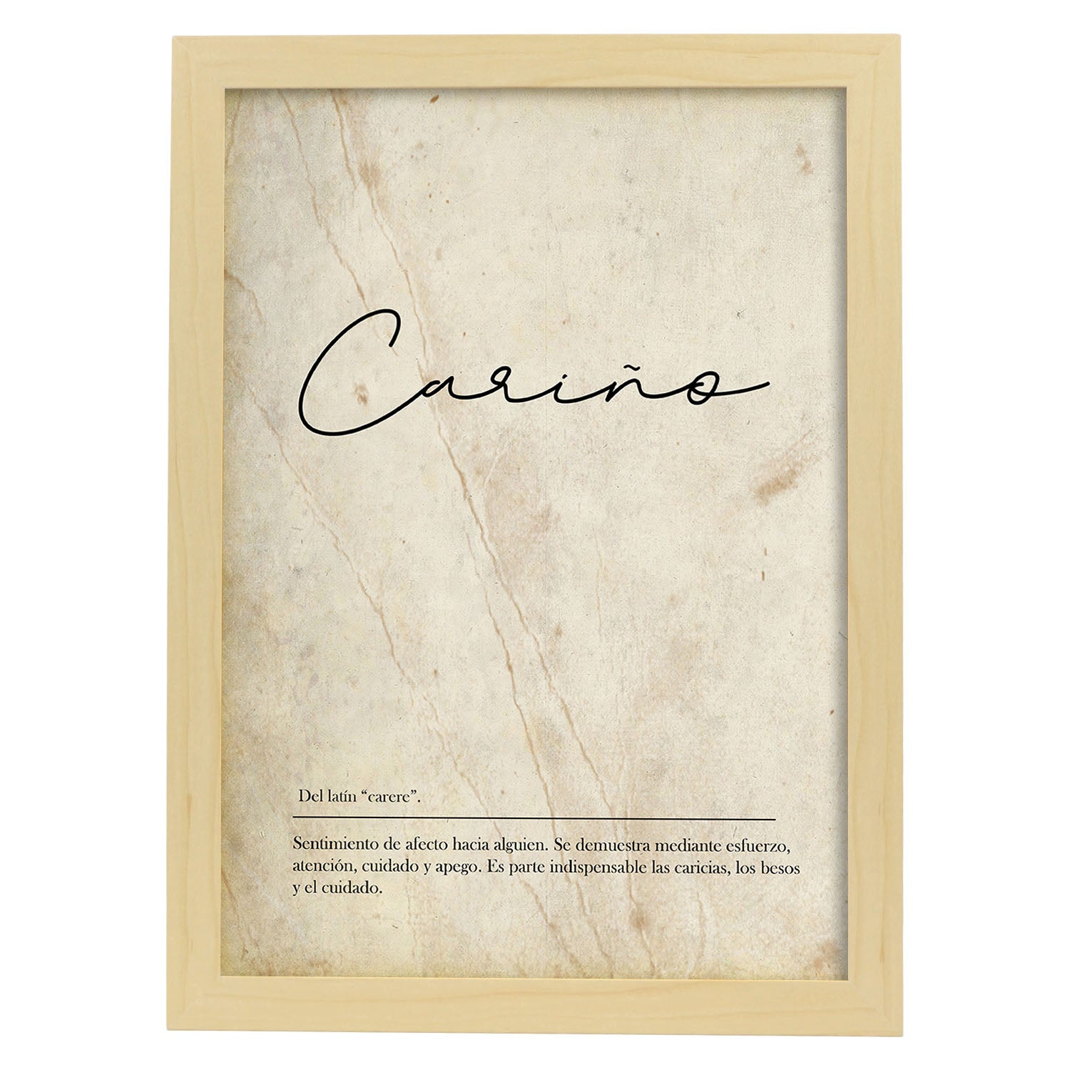 Lámina con la definición de la palabra Cariño en con Fondo Vintage-Artwork-Nacnic-A4-Marco Madera clara-Nacnic Estudio SL