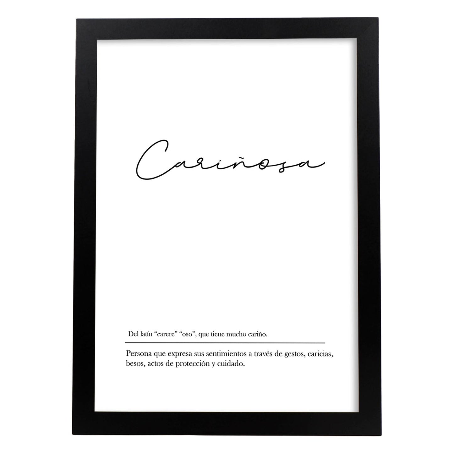 Lámina con la definición de la palabra Cariñosa en con fondo Blanco nórdico-Artwork-Nacnic-A4-Marco Negro-Nacnic Estudio SL