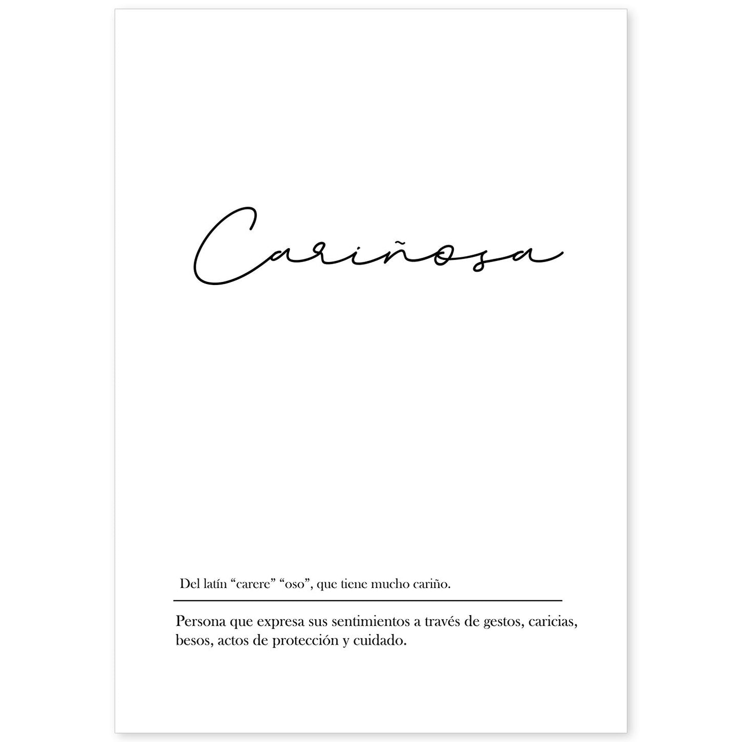 Lámina con la definición de la palabra Cariñosa en con fondo Blanco nórdico-Artwork-Nacnic-A4-Sin marco-Nacnic Estudio SL