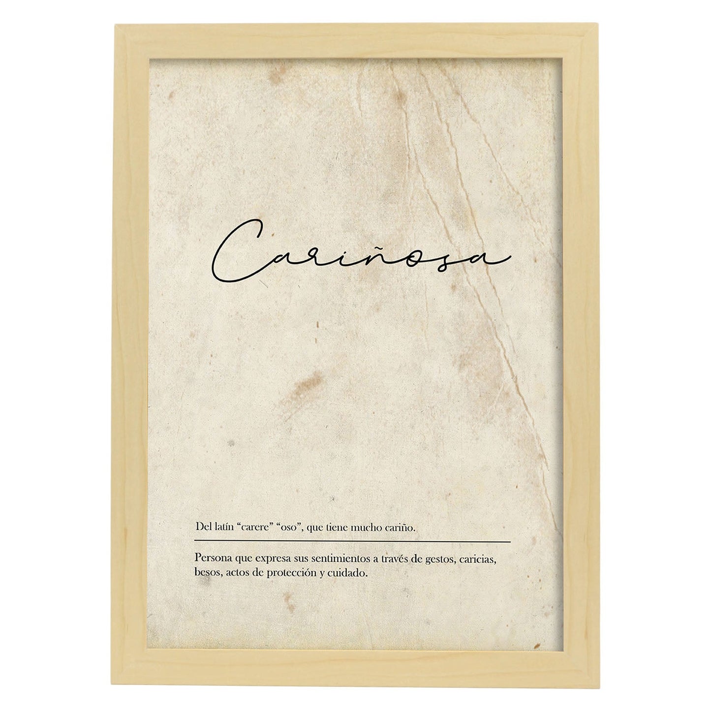 Lámina con la definición de la Palabra Cariñosa en con Fondo Vintage-Artwork-Nacnic-A3-Marco Madera clara-Nacnic Estudio SL