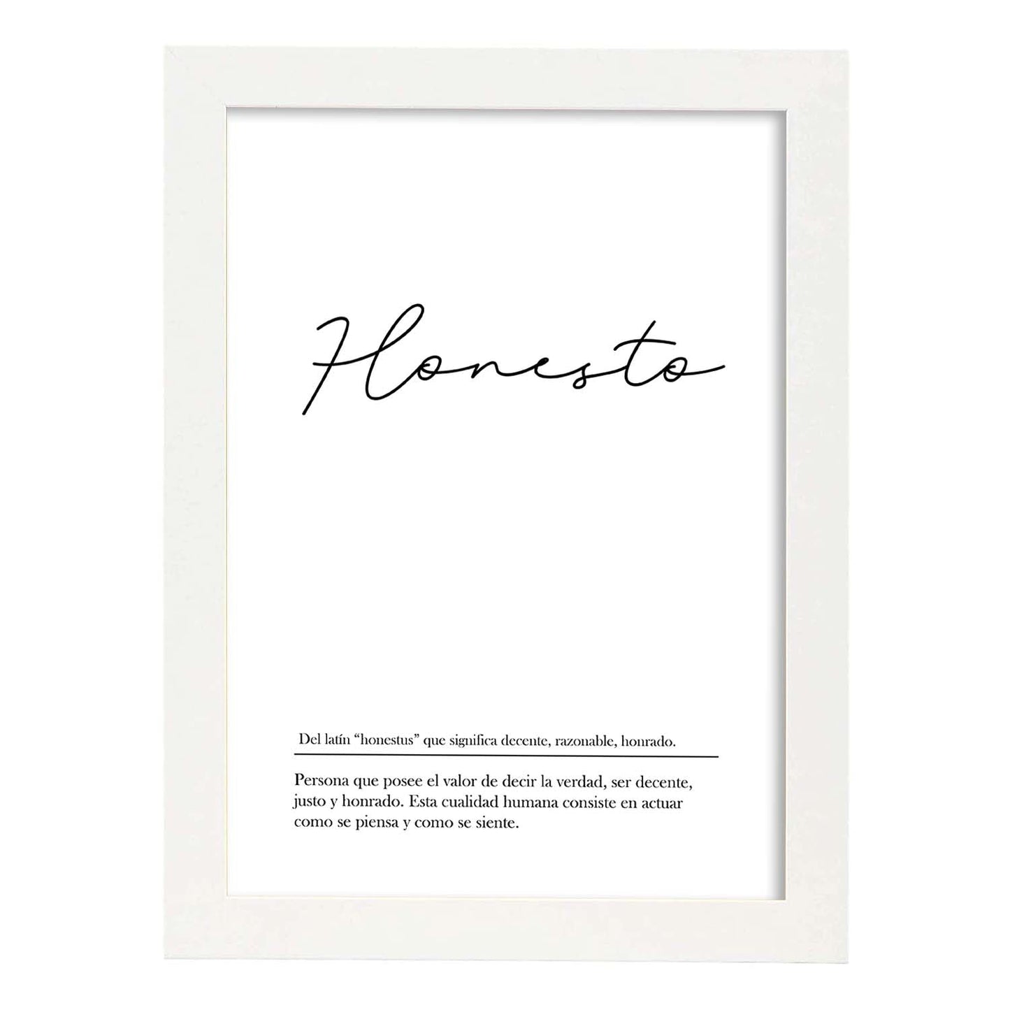 Lámina con la definición de la palabra Honesto en con fondo Blanco nórdico-Artwork-Nacnic-A4-Marco Blanco-Nacnic Estudio SL