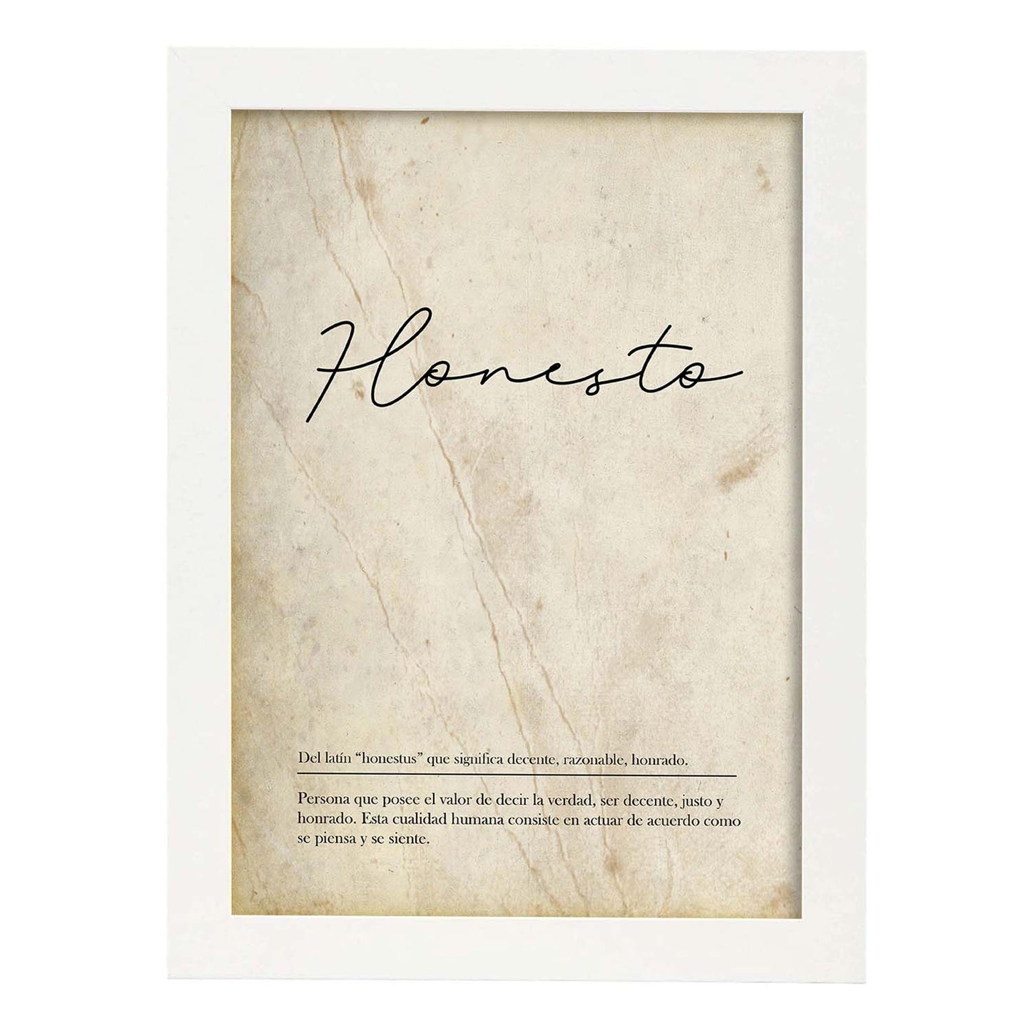 Lámina con la definición de la palabra Honesto en con Fondo Vintage-Artwork-Nacnic-A4-Marco Blanco-Nacnic Estudio SL