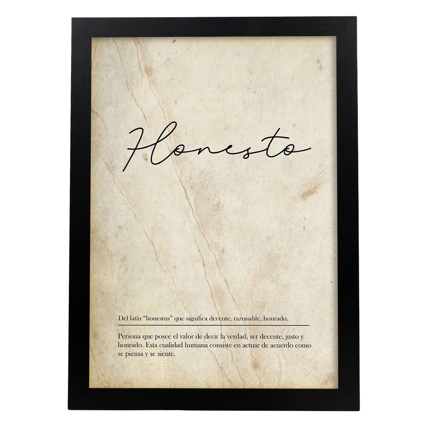 Lámina con la definición de la palabra Honesto en con Fondo Vintage-Artwork-Nacnic-A4-Marco Negro-Nacnic Estudio SL