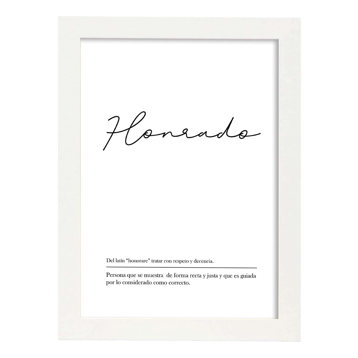 Lámina con la definición de la palabra Honrado en con fondo Blanco nórdico-Artwork-Nacnic-A3-Marco Blanco-Nacnic Estudio SL