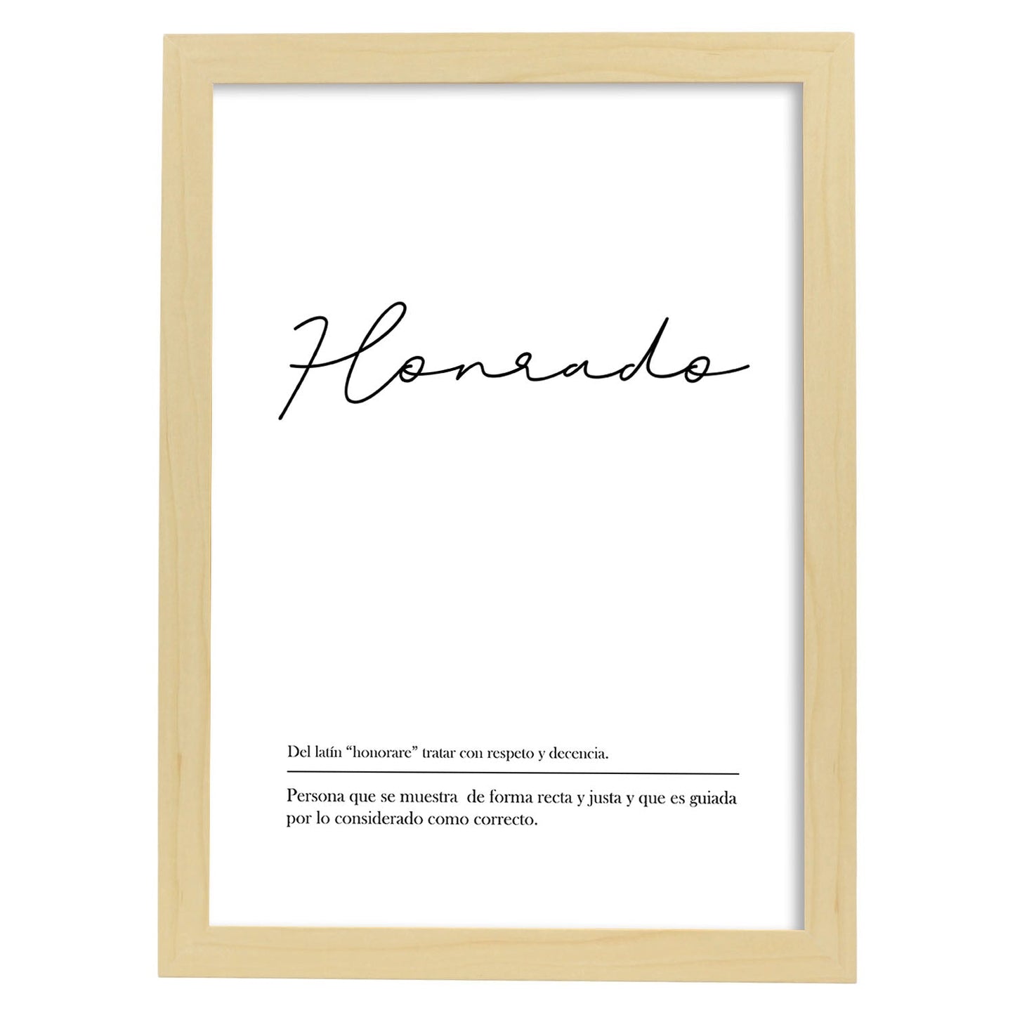 Lámina con la definición de la palabra Honrado en con fondo Blanco nórdico-Artwork-Nacnic-A3-Marco Madera clara-Nacnic Estudio SL