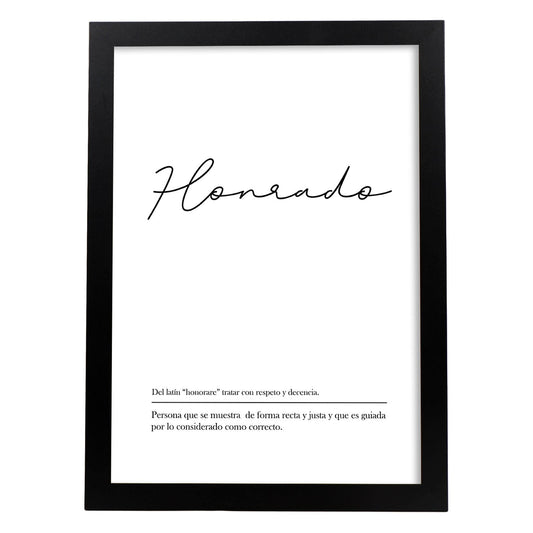 Lámina con la definición de la palabra Honrado en con fondo Blanco nórdico-Artwork-Nacnic-A4-Marco Negro-Nacnic Estudio SL