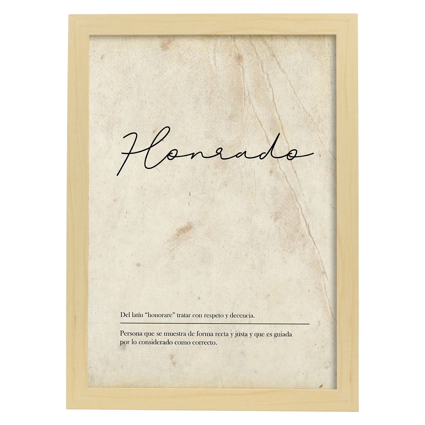 Lámina con la definición de la palabra Honrado en con Fondo Vintage-Artwork-Nacnic-A3-Marco Madera clara-Nacnic Estudio SL