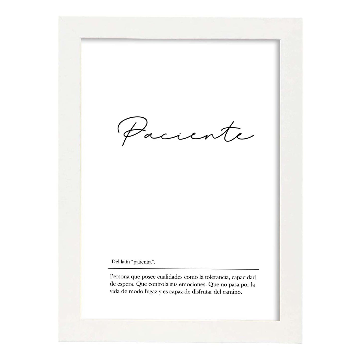Lámina con la definición de la palabra Paciente en con fondo Blanco nórdico-Artwork-Nacnic-A3-Marco Blanco-Nacnic Estudio SL