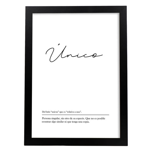 Lámina con la definición de la palabra Unico en con fondo Blanco nórdico-Artwork-Nacnic-A4-Marco Negro-Nacnic Estudio SL
