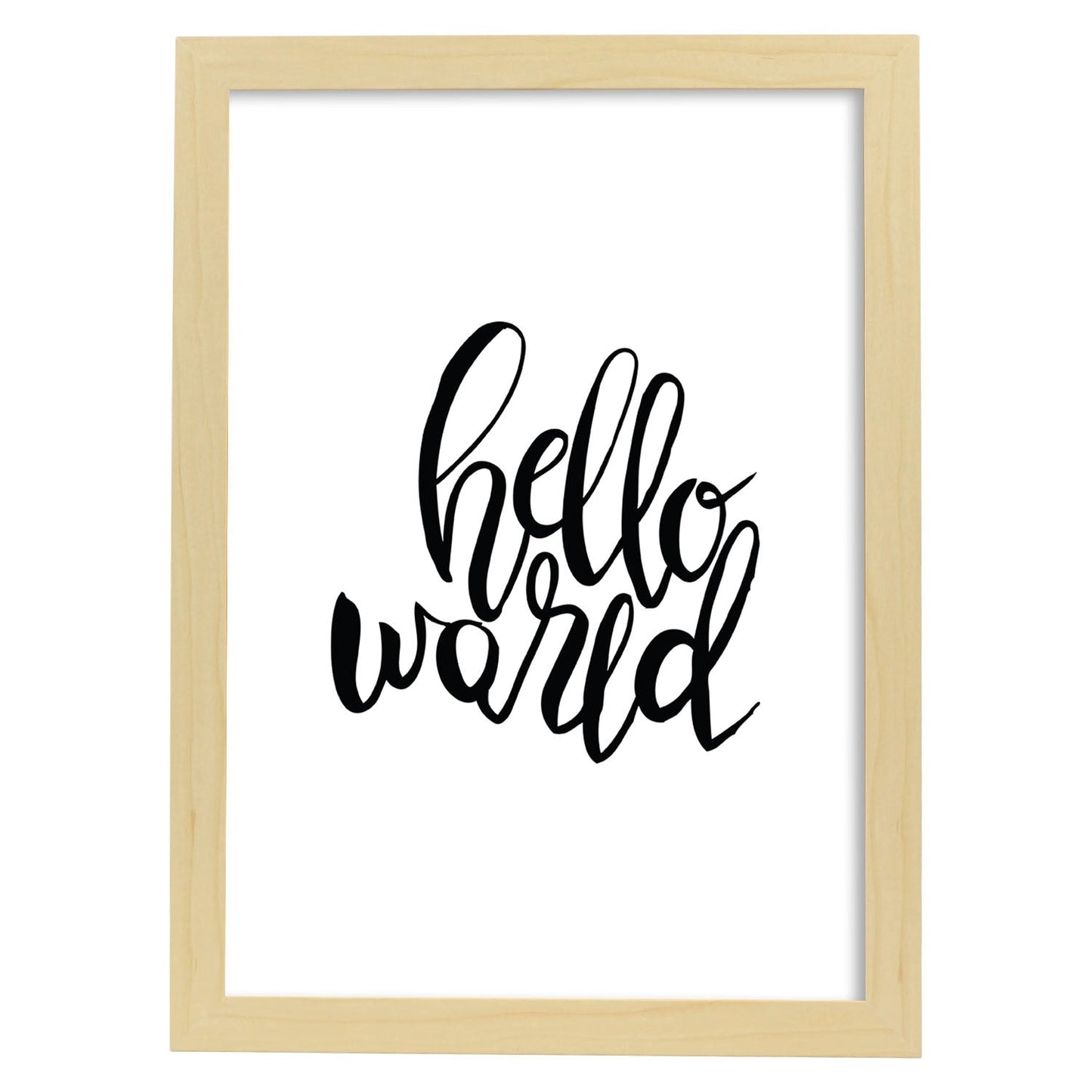 Lámina con mensajes felices en blanco y negro.Poster 'Hola Mundo'-Artwork-Nacnic-A3-Marco Madera clara-Nacnic Estudio SL