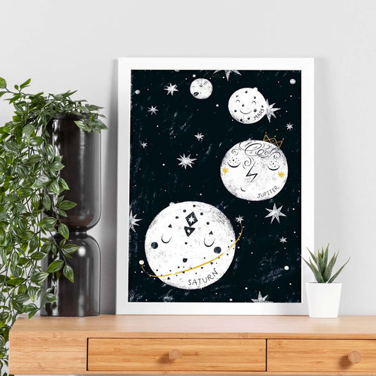 Lámina Cuatro planetas Estilo nordico blanco y negro. Composiciones planetarias infantiles-Artwork-Nacnic-Nacnic Estudio SL