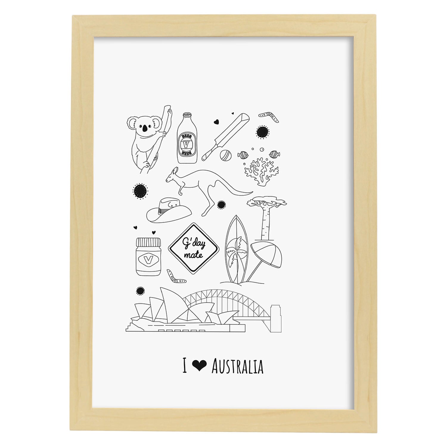 Lámina de Australia. Pósters de países y ciudades del mundo. Imágenes de monumentos y viajes.-Artwork-Nacnic-A4-Marco Madera clara-Nacnic Estudio SL