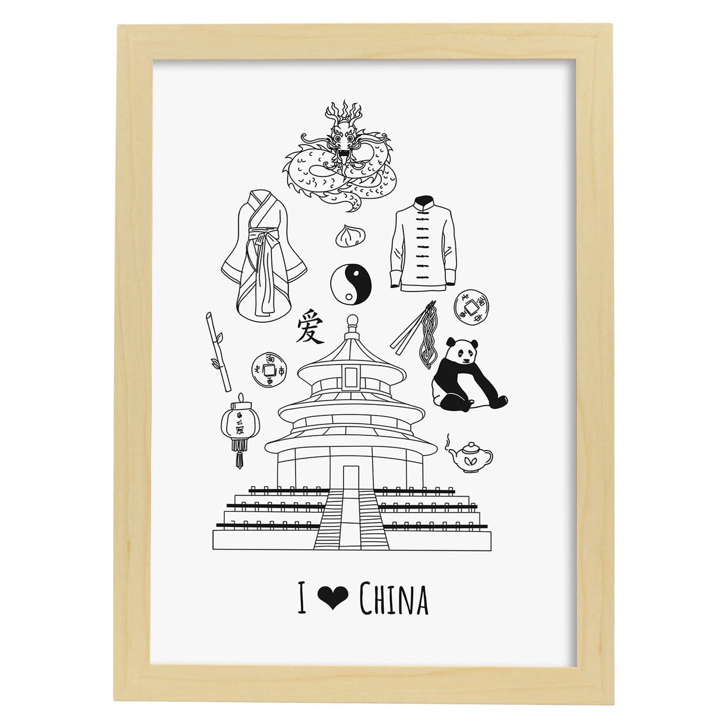 Lámina de China. Pósters de países y ciudades del mundo. Imágenes de monumentos y viajes.-Artwork-Nacnic-A4-Marco Madera clara-Nacnic Estudio SL