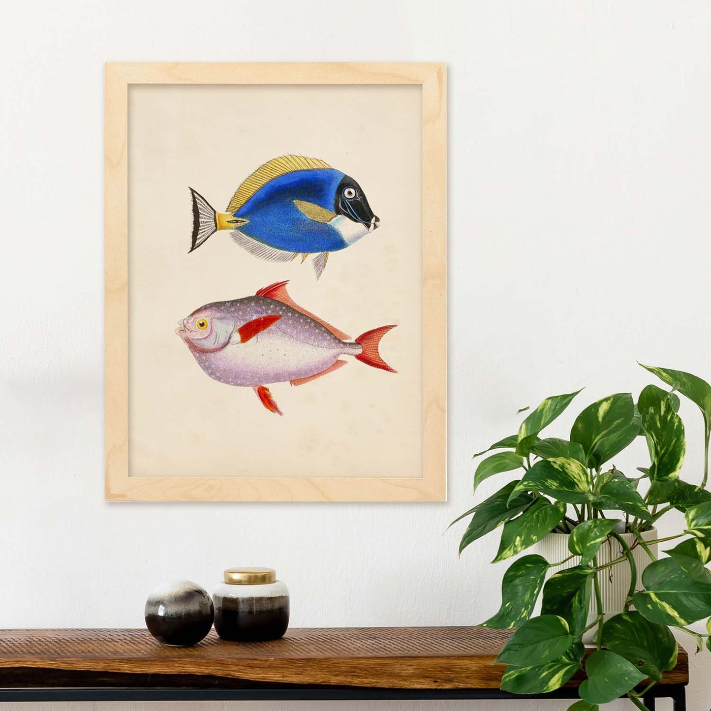 Lámina de Dos Peces Azul, Amarillo y Morado y Rojo en , Fondo Papel Vintage Poster Papel 250 gr Marco-Artwork-Nacnic-Nacnic Estudio SL