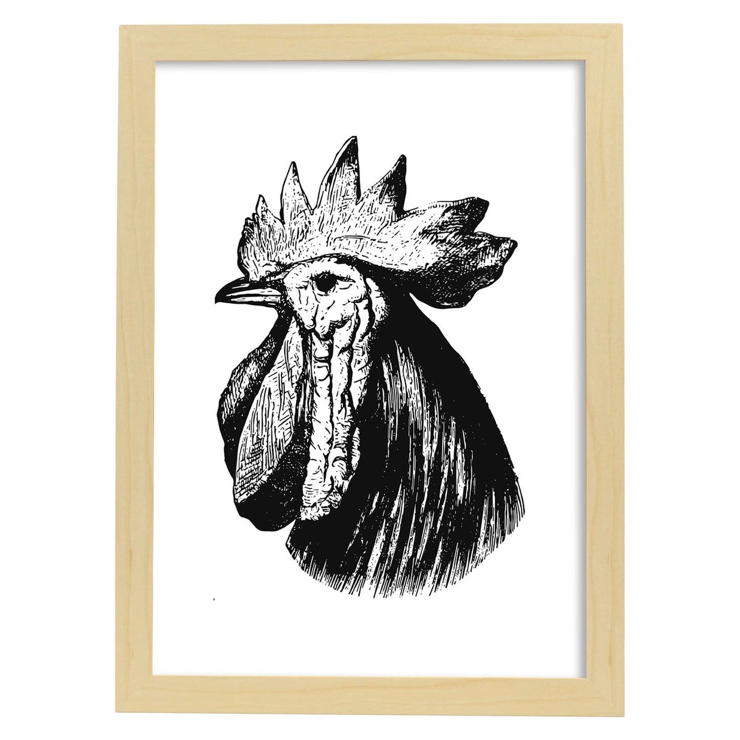 Lámina de Gallo. Posters con animales en blanco y negro.-Artwork-Nacnic-A3-Marco Madera clara-Nacnic Estudio SL