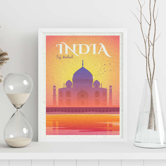Lámina de India. Estilo vintage. Poster del Taj Mahal en colores. Anuncio India-Artwork-Nacnic-Nacnic Estudio SL