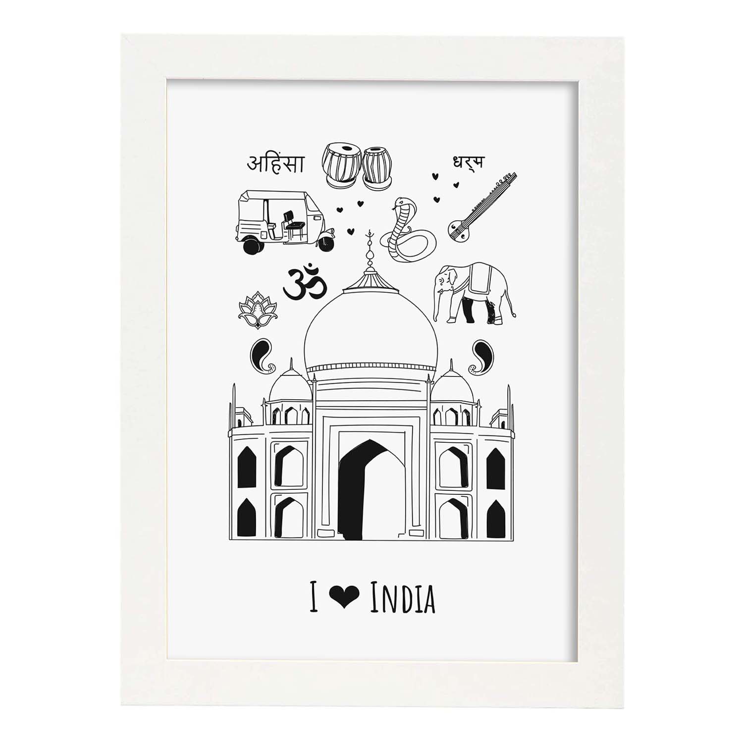 Lámina de India. Pósters de países y ciudades del mundo. Imágenes de monumentos y viajes.-Artwork-Nacnic-A3-Marco Blanco-Nacnic Estudio SL