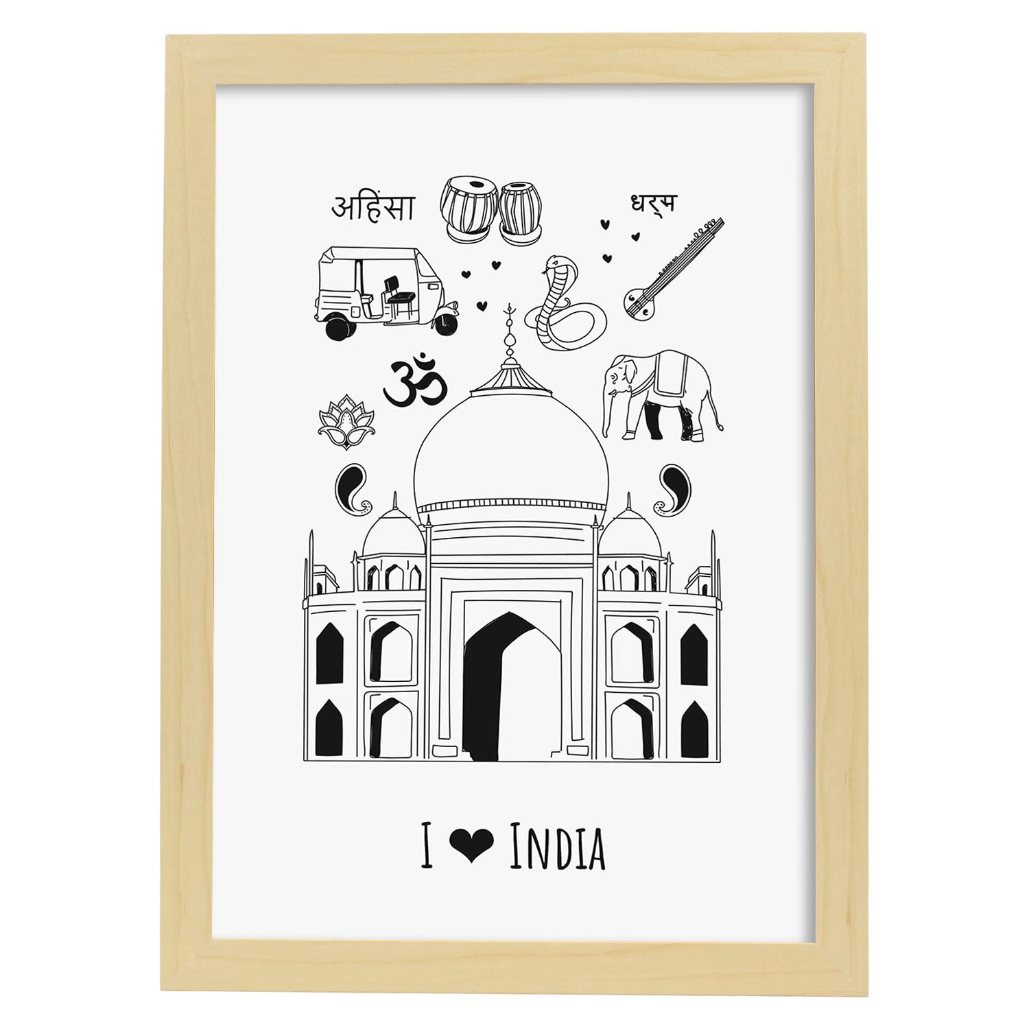 Lámina de India. Pósters de países y ciudades del mundo. Imágenes de monumentos y viajes.-Artwork-Nacnic-A4-Marco Madera clara-Nacnic Estudio SL