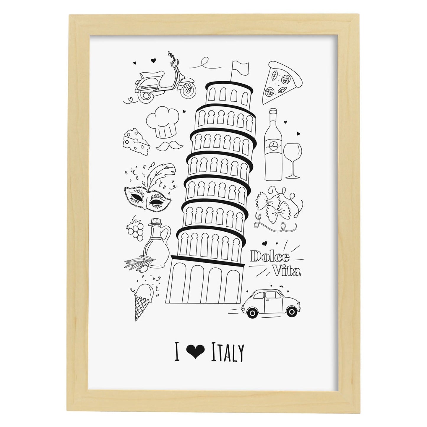 Lámina de Italia. Pósters de países y ciudades del mundo. Imágenes de monumentos y viajes.-Artwork-Nacnic-A3-Marco Madera clara-Nacnic Estudio SL