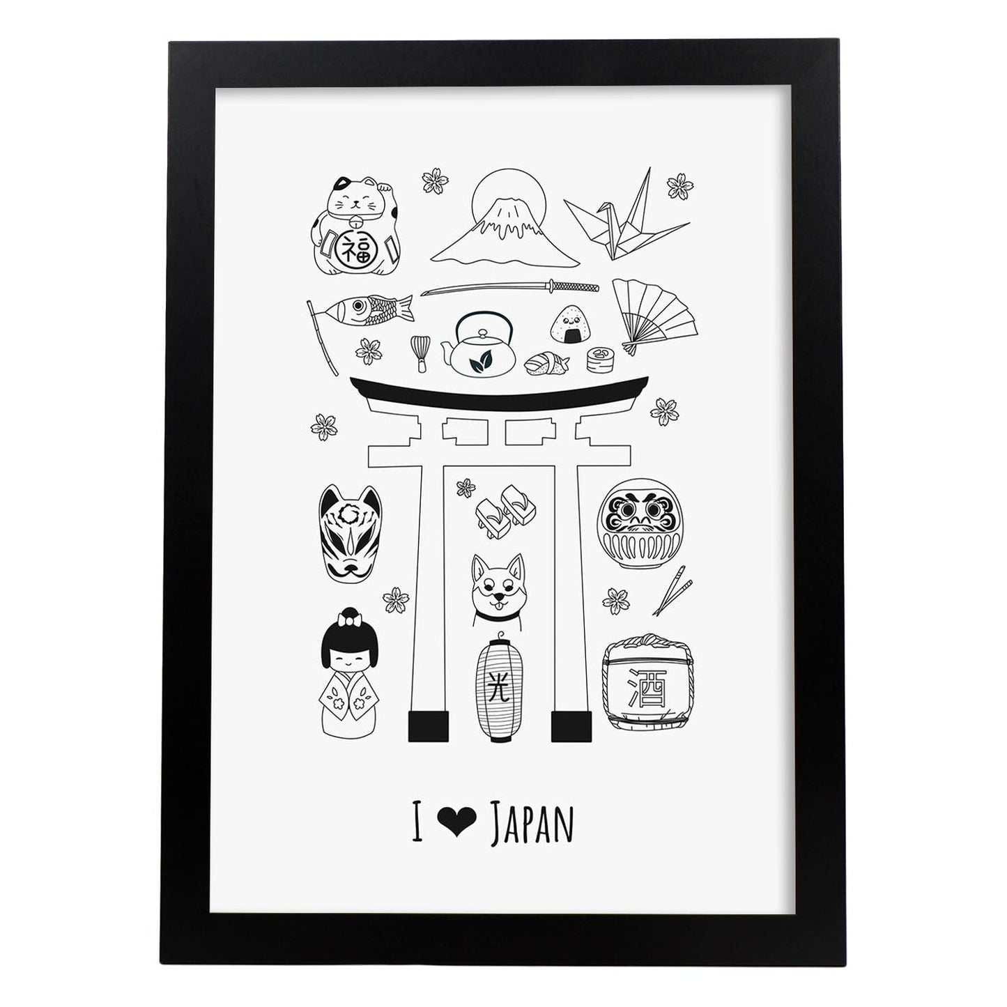 Lámina de Japón. Pósters de países y ciudades del mundo. Imágenes de monumentos y viajes.-Artwork-Nacnic-A4-Marco Negro-Nacnic Estudio SL