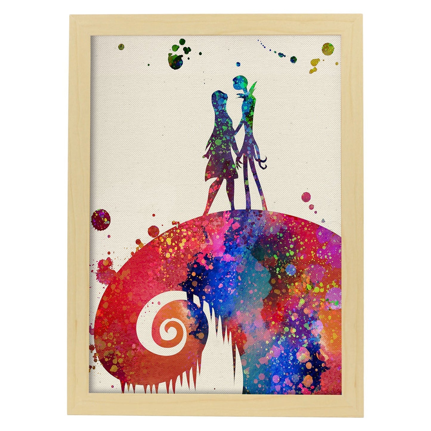 Lámina de la famosa pelicula Pesadilla antes de Navidad en Poster estilo explosión de color .-Artwork-Nacnic-A4-Marco Madera clara-Nacnic Estudio SL