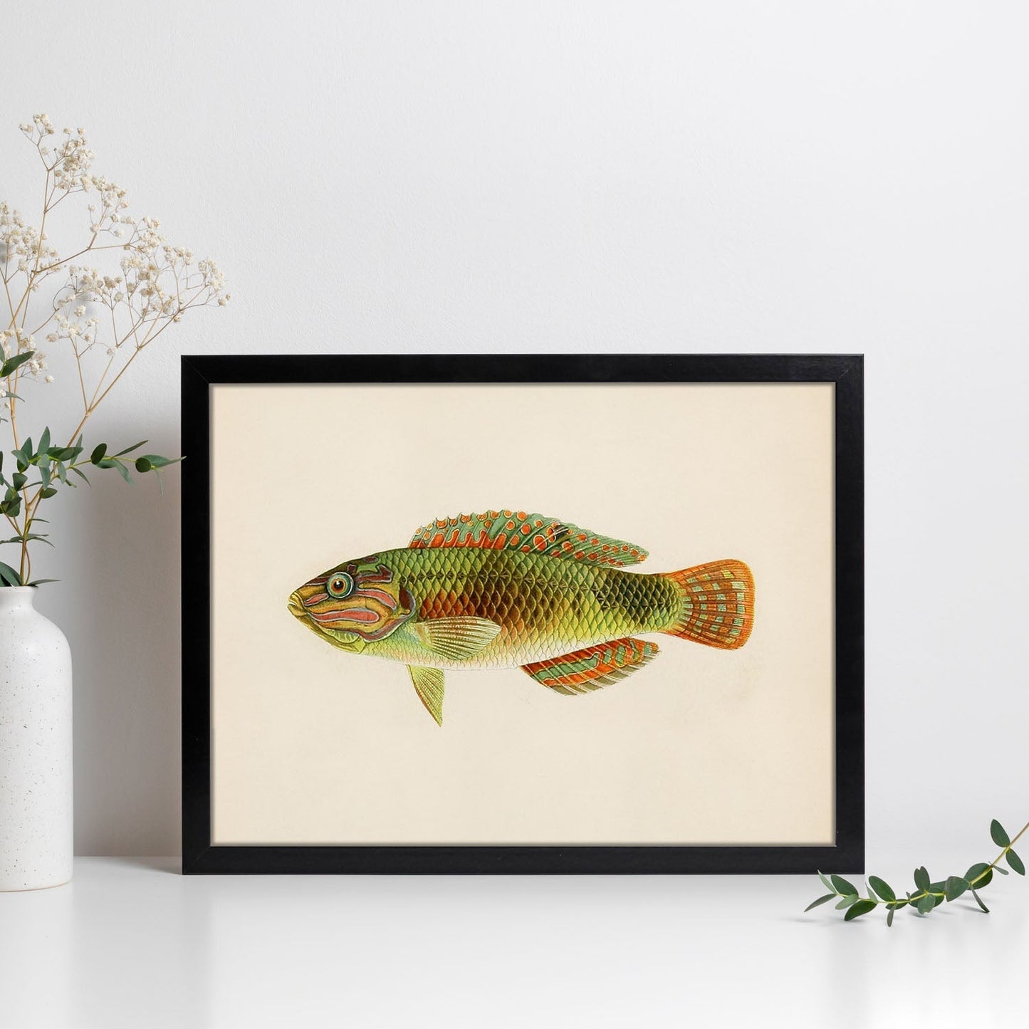 Lámina de pez naranja, verde y gris en , fondo papel vintage.-Artwork-Nacnic-Nacnic Estudio SL
