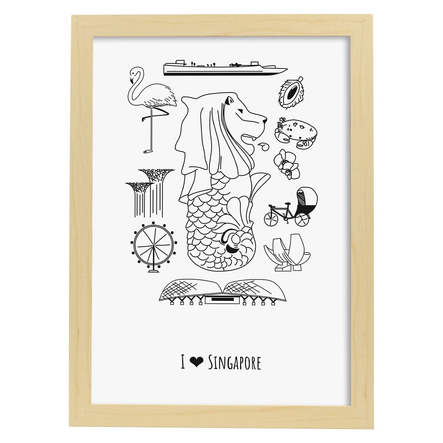 Lámina de Singapur. Pósters de países y ciudades del mundo. Imágenes de monumentos y viajes.-Artwork-Nacnic-A4-Marco Madera clara-Nacnic Estudio SL