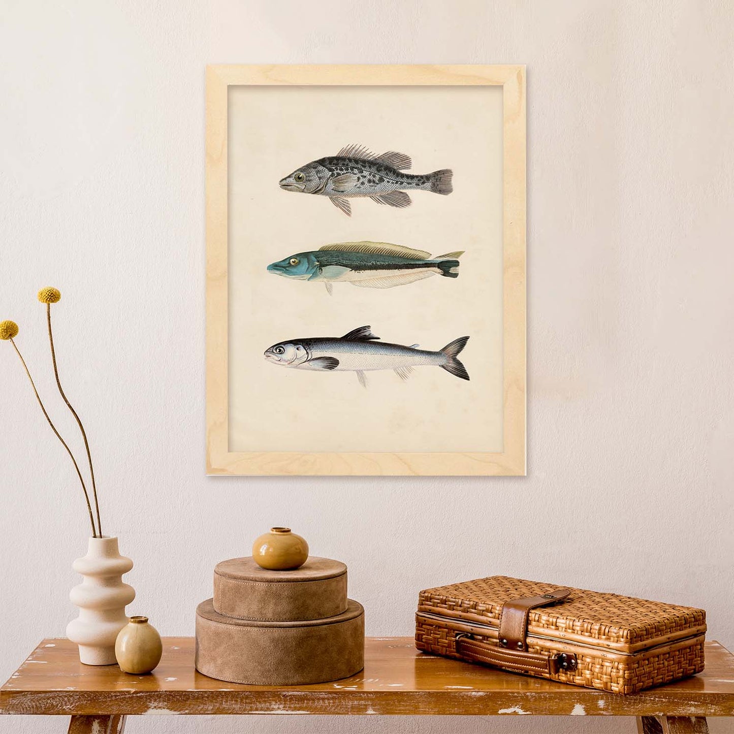 Lámina de Tres Peces Gris, Azul y Blanco en , Fondo Papel Vintage Poster Papel 250 gr Marco-Artwork-Nacnic-Nacnic Estudio SL