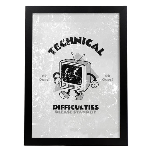 Lámina Dificultades técnicas. Pósters con ilustraciones de dibujos retro en tonos grises.-Artwork-Nacnic-A4-Marco Negro-Nacnic Estudio SL