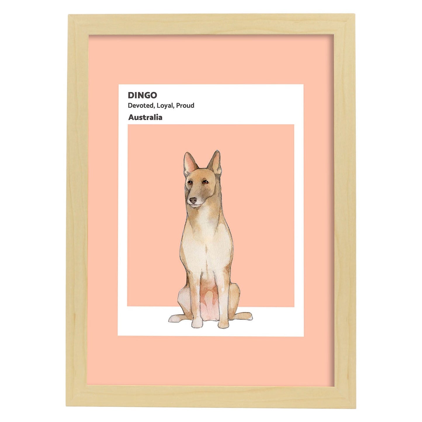 Lámina Dingo. Pósters con ilustraciones de razas de perro en tonos cálidos y pastel.-Artwork-Nacnic-A4-Marco Madera clara-Nacnic Estudio SL