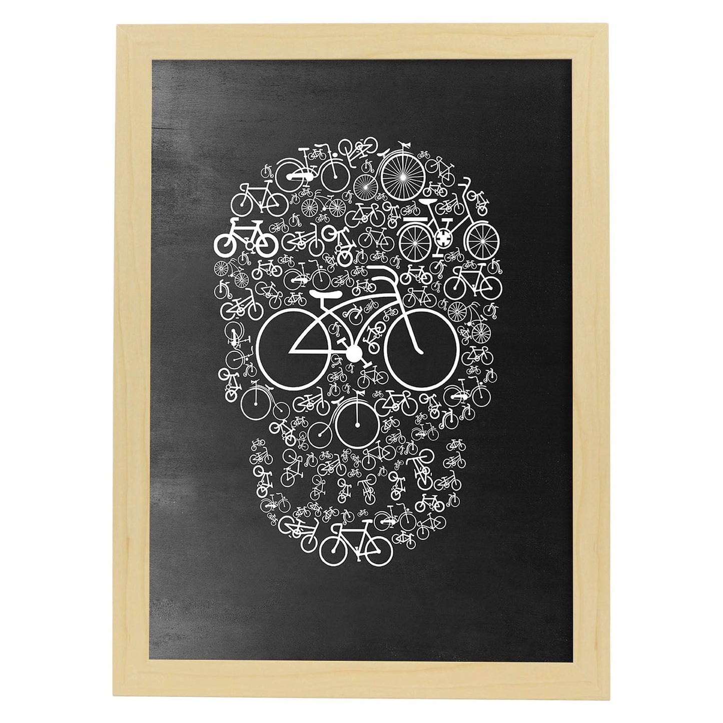 Lámina en blanco y negro calavera La vida en bici en Poster con fondo negro estilo pizarra. Papel 250 gr y tintas de alta calidad.-Artwork-Nacnic-A4-Marco Madera clara-Nacnic Estudio SL
