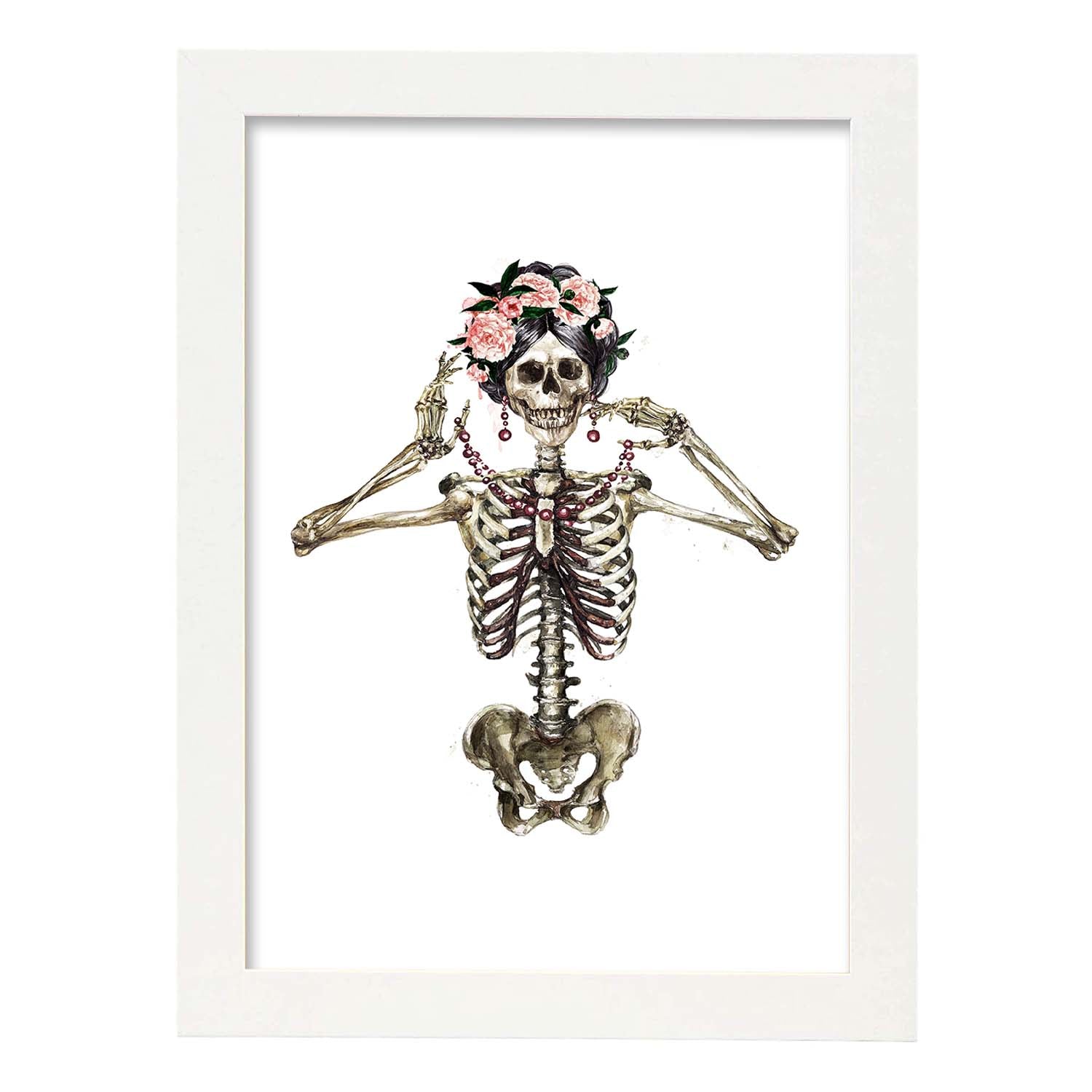 Lámina Esqueleto Chica con Flores. Posters con imágenes de Calaveras.-Artwork-Nacnic-A3-Marco Blanco-Nacnic Estudio SL