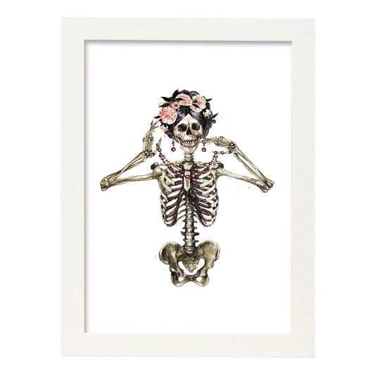 Lámina Esqueleto Chica con Flores. Posters con imágenes de Calaveras.-Artwork-Nacnic-A4-Marco Blanco-Nacnic Estudio SL
