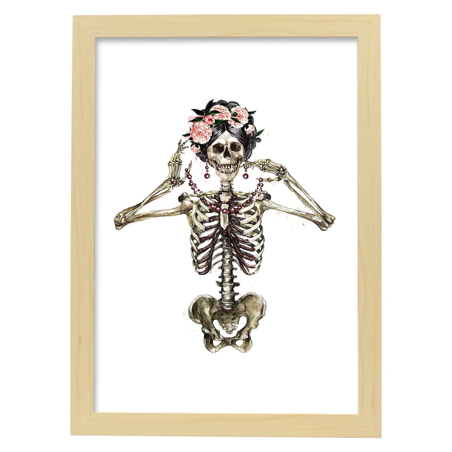 Lámina Esqueleto Chica con Flores. Posters con imágenes de Calaveras.-Artwork-Nacnic-A4-Marco Madera clara-Nacnic Estudio SL