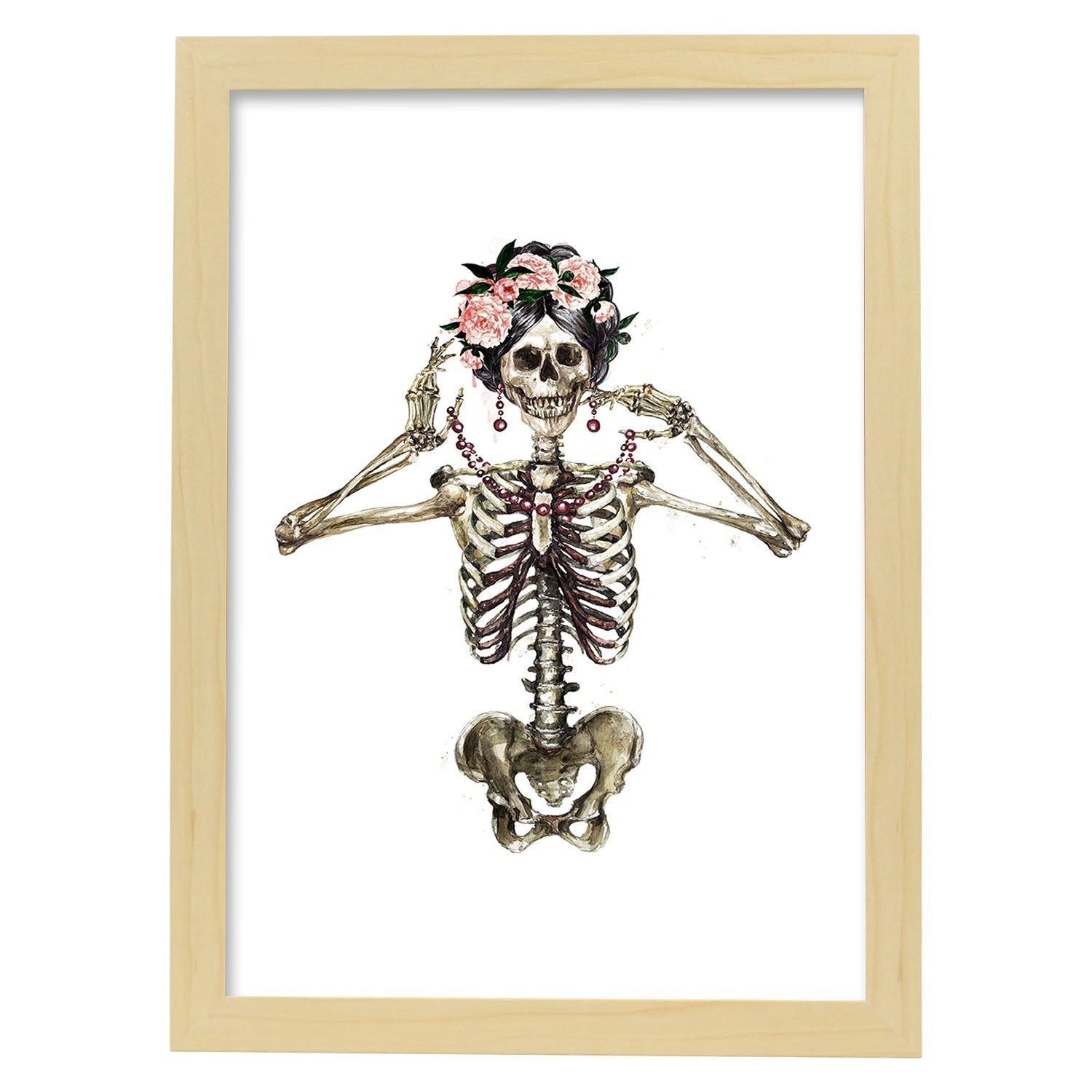 Lámina Esqueleto Chica con Flores. Posters con imágenes de Calaveras.-Artwork-Nacnic-A4-Marco Madera clara-Nacnic Estudio SL
