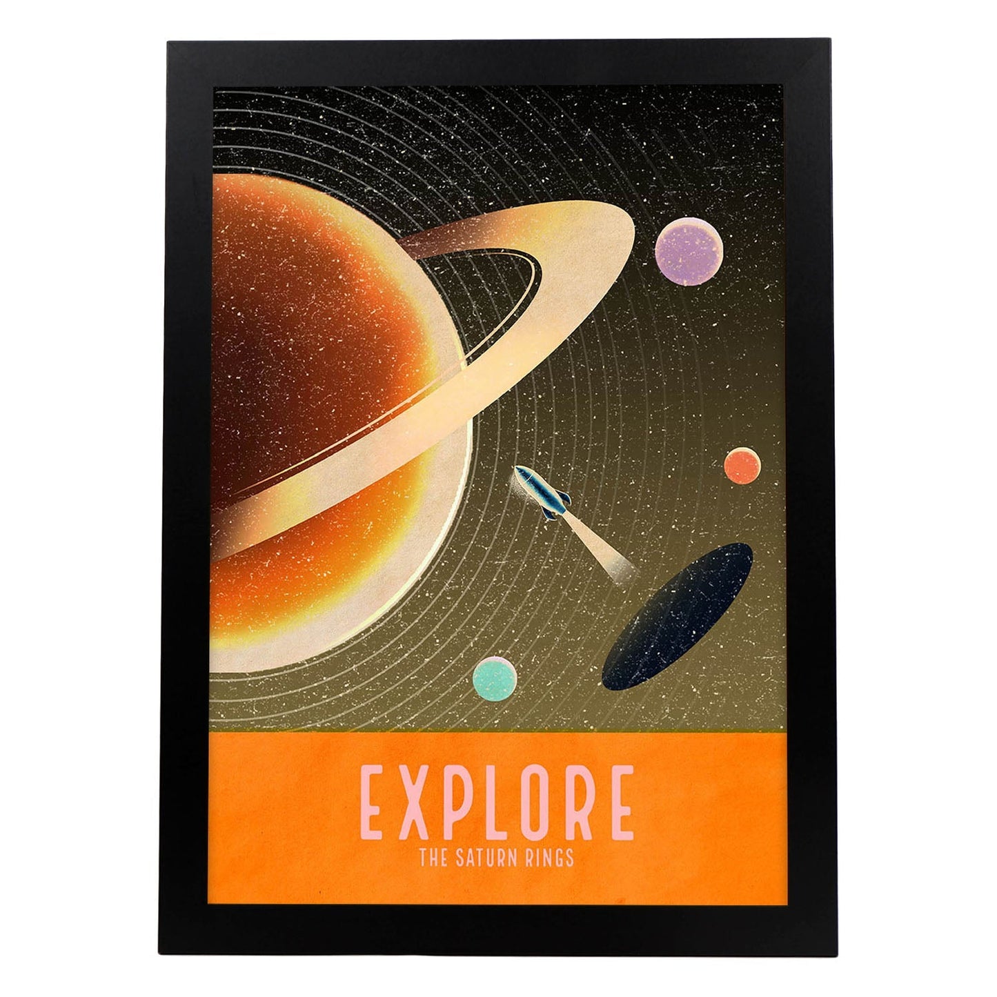 Lámina Explora. Pósters con detalladas ilustraciones del espacio. Coloridas imágenes de satélites, estrellas y planetas.-Artwork-Nacnic-A3-Marco Negro-Nacnic Estudio SL