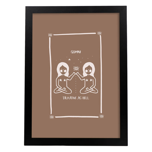 Lámina Géminis. Pósters con ilustraciones femeninas de los signos del zodíaco.-Artwork-Nacnic-A4-Marco Negro-Nacnic Estudio SL
