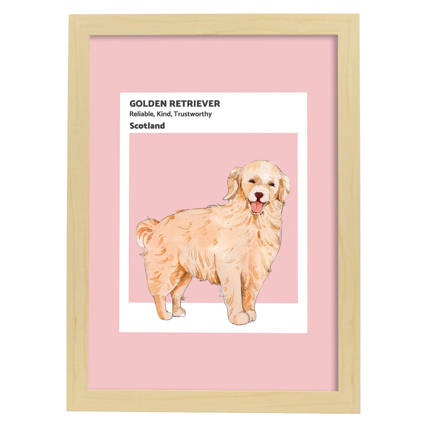 Lámina Golden Retriever. Pósters con ilustraciones de razas de perro en tonos cálidos y pastel.-Artwork-Nacnic-A3-Marco Madera clara-Nacnic Estudio SL