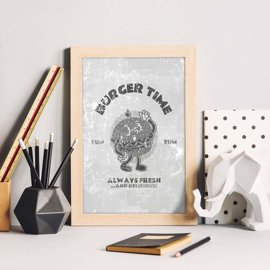 Lámina Hamburguesa. Pósters con ilustraciones de dibujos retro en tonos grises.-Artwork-Nacnic-Nacnic Estudio SL