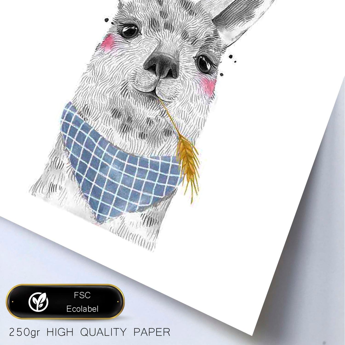 Lámina infantil Alpaca con pañuelo azul comiendo trigo Poster de animales en-Artwork-Nacnic-Nacnic Estudio SL